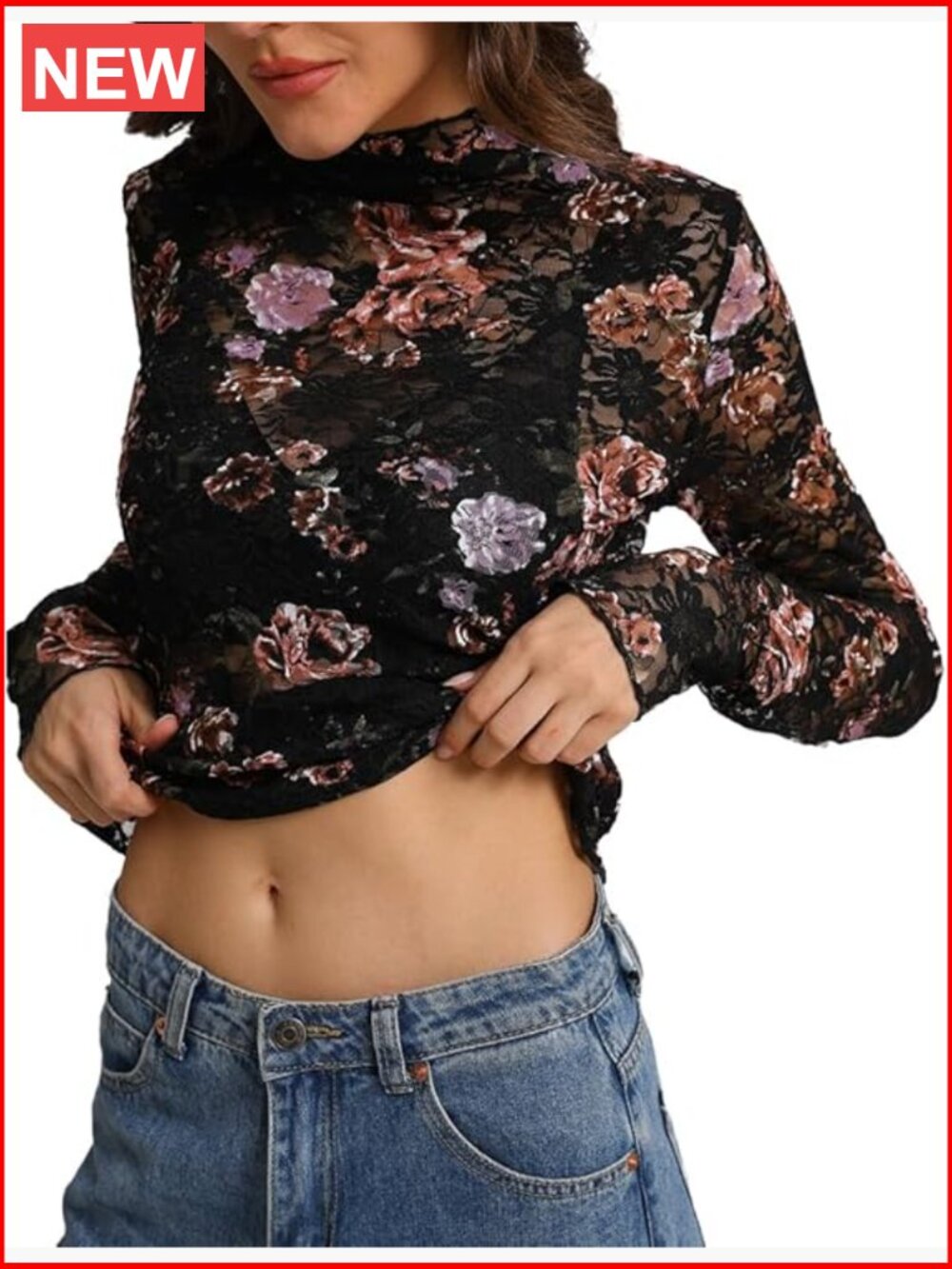 Sexy Lace Mock Neck Long Sleeve Sheer Mesh Blouse Floral Embroidery